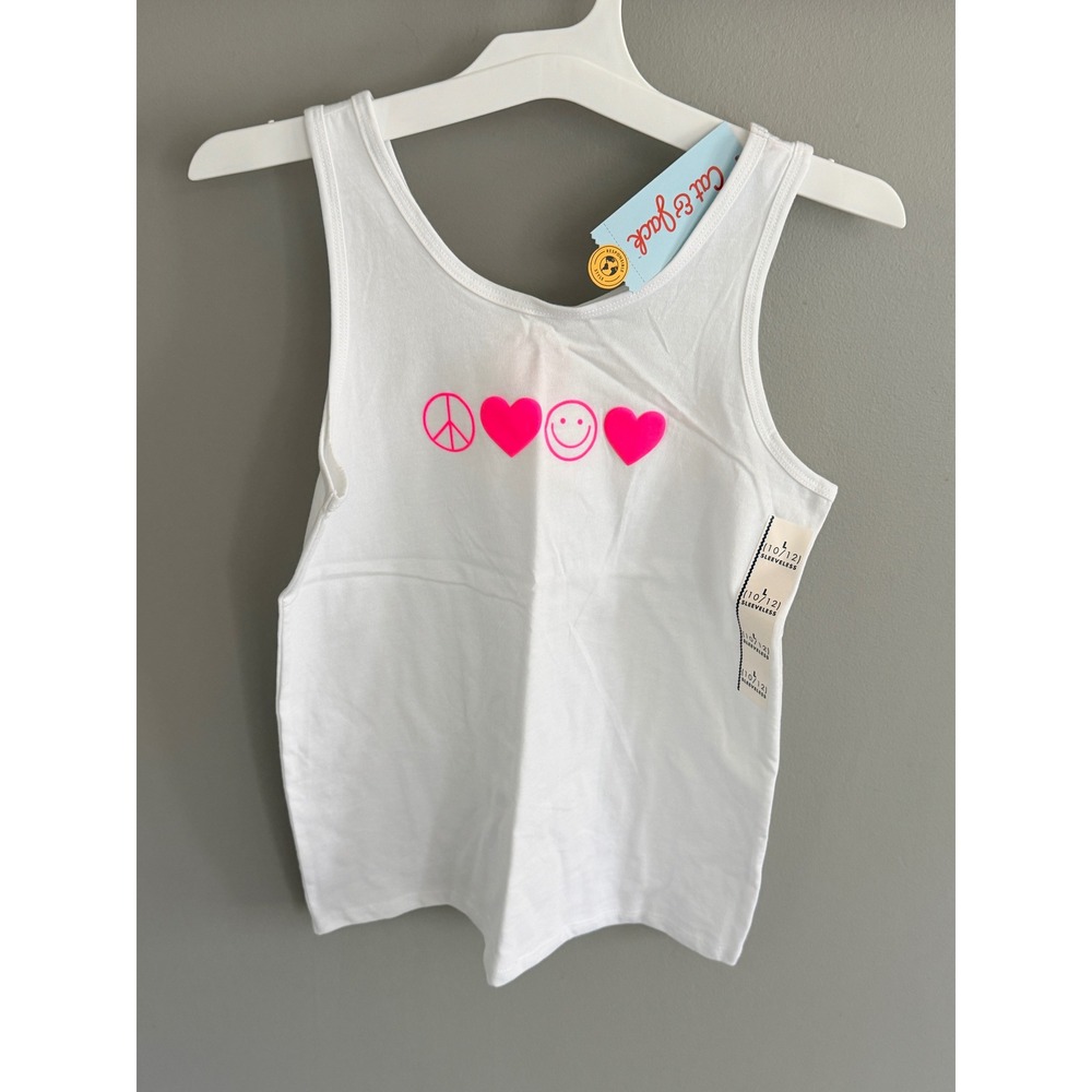 Cat & Jack Girls Tank Top L 10/12 White Neon Pink Peace Heart Smiley NWT